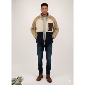 Sun + Stone Men's Textured Terrain Colorblock Fleece Jacket SIZE XL